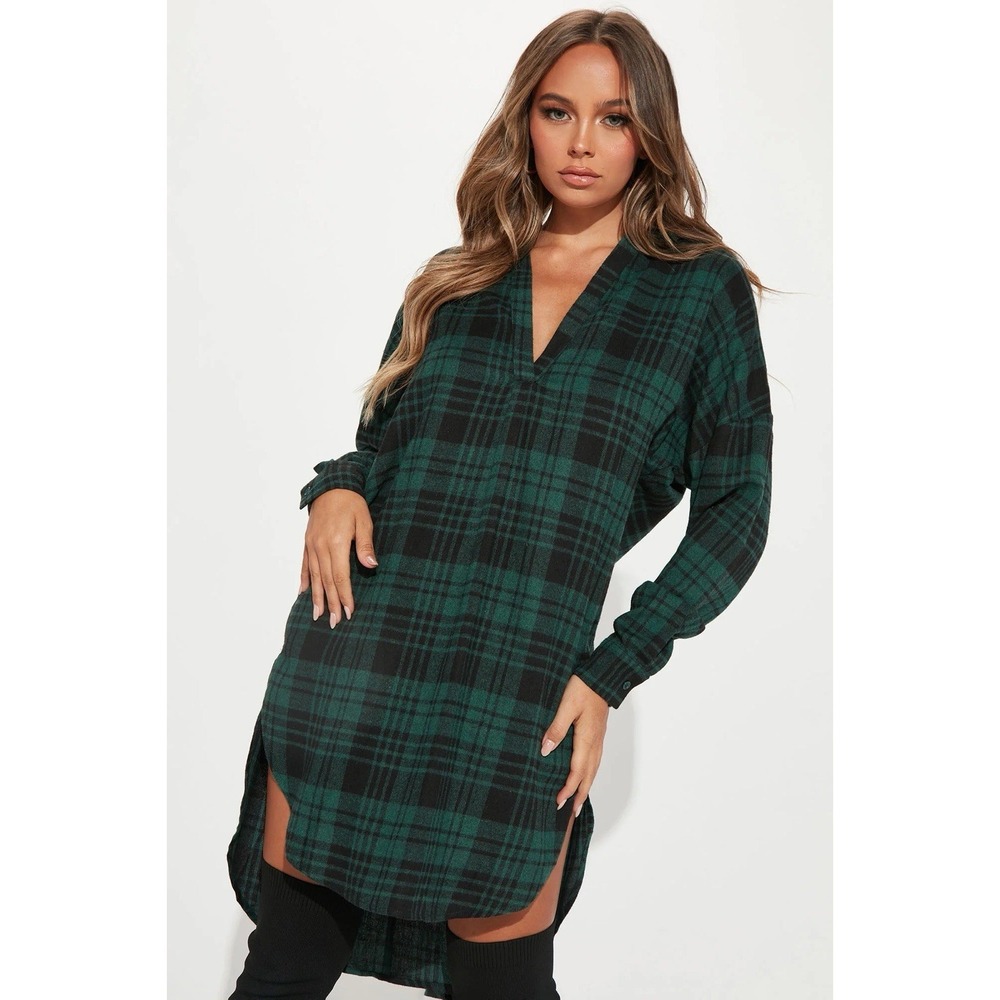 Fashion Nova‎ Women's M Cabin Fever Flannel Midi Dress Green Black Plaid